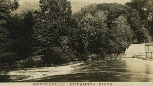A postcard, circa 1925, of the Cuyahoga River in Brecksville shows the Pinery Dam on right.