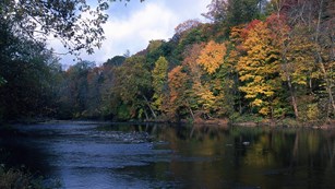 A landscape photo of the Cuyahoga River during autumn.