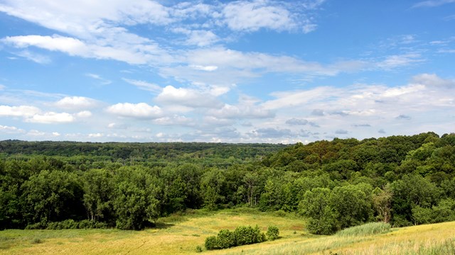 A blue sky with clouds over green and yellow grassy rolling hills.