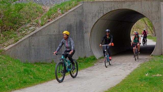 Four bicyclists wearing helmets and riding through a tunnel.