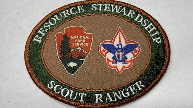 A brown and green patch with NPS and BSA logos; words read "Resource Stewardship, Scout Ranger".