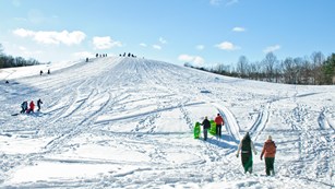 A snowy hill full of people sledding on a sunny day.