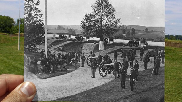 Historic photograph of Fort Stevens overlaid on current photograph at Fort Stevens Park.