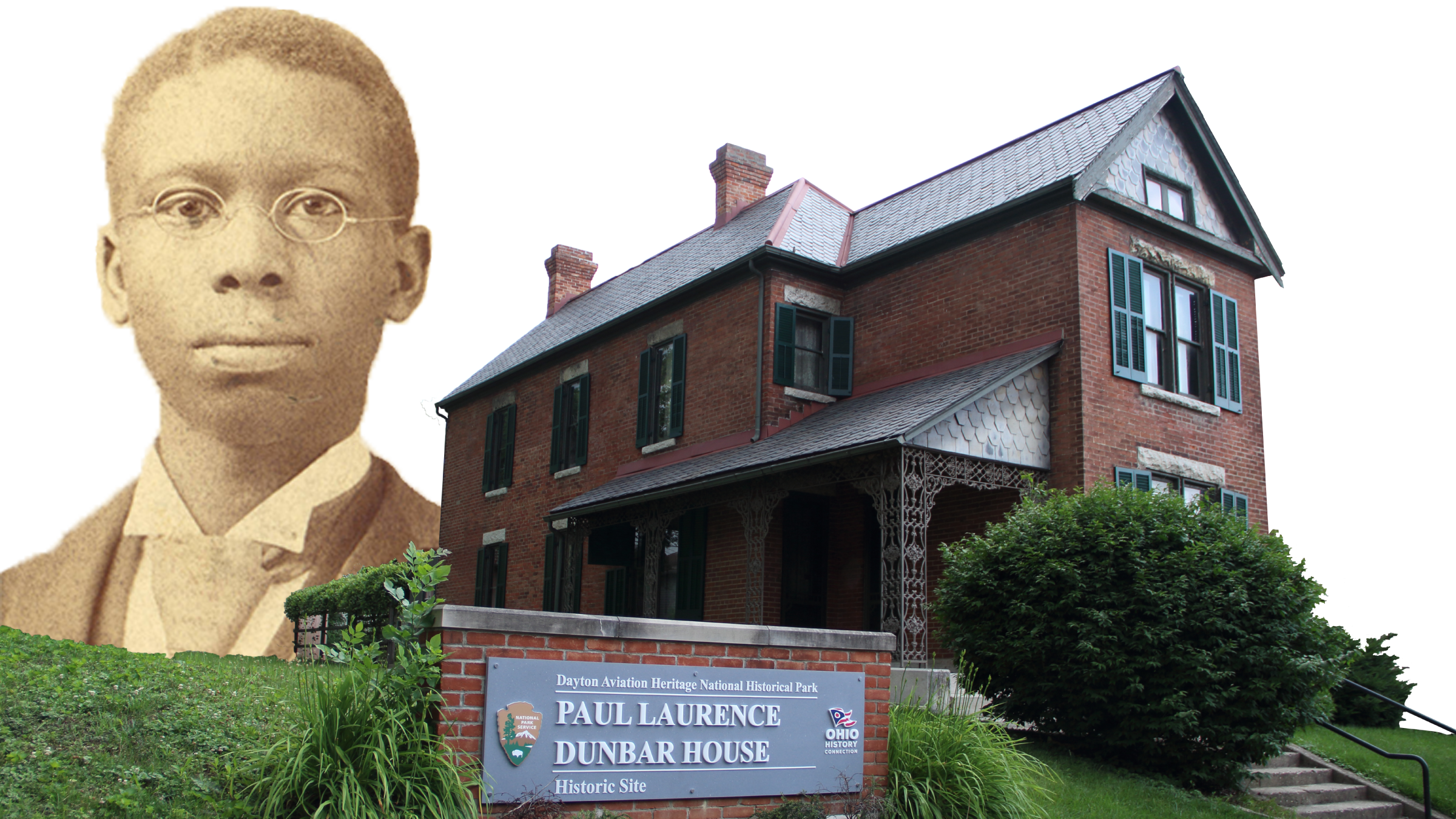 A house in foreground and image of Paul Dunbar in background