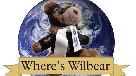 A stuffed teddy bear in front of an image of the earth