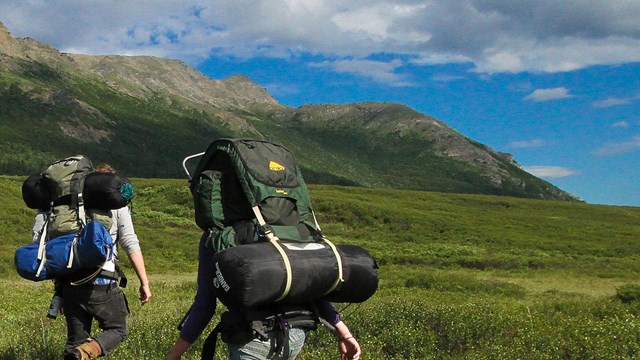 two backpackers trek across a grassy valley
