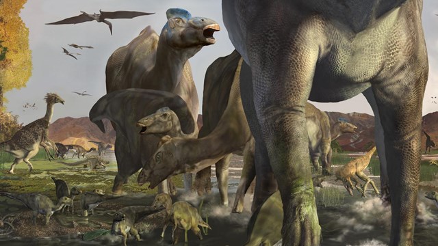 a computer created image of dinosaurs and plants that lived in Denali millions of years ago