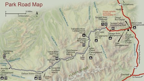 A map of the Denali Park Road with major landmarks labeled.