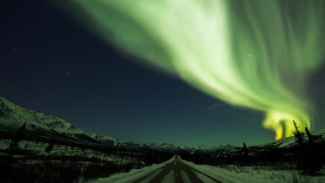 green aurora over a snowy, forested road