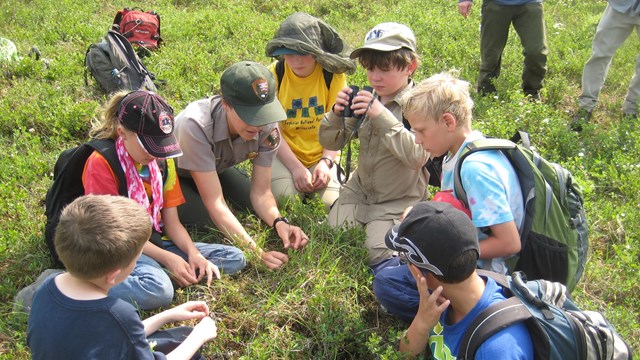 A ranger and five children kneel on the ground in a circle looking at plants together.