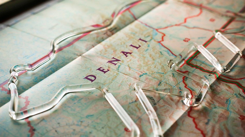 a map with a flat, transparent bear sitting on a map that reads denali