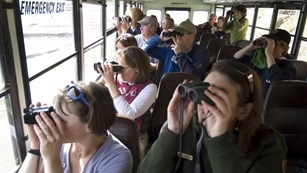 visitors on a bus use binoculars to look out the window