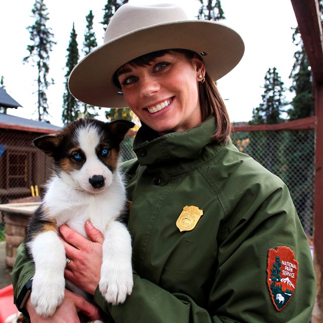 A smiling ranger holds a brown and white puppy in her arms.