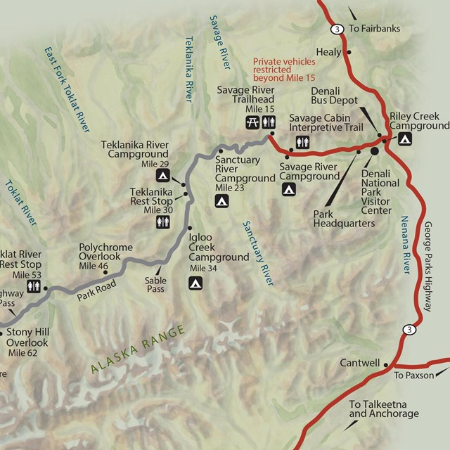 A map of the Denali Park Road with major landmarks labeled.