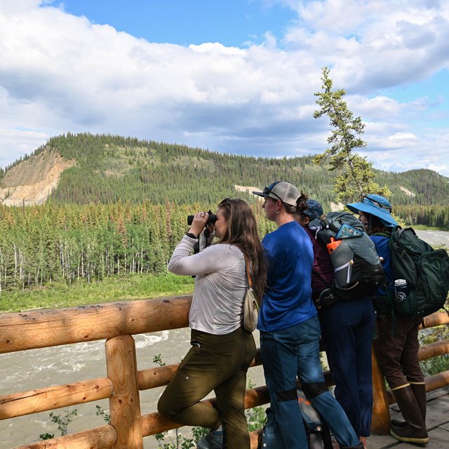 Four hikers, one using binoculars, stand at a viewing platform overlooking a large river.