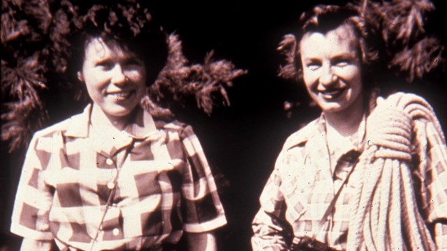 Jan Conn and Jane Showacre with their climbing equipment