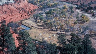 Tepees along the Belle Fourche river, viewed from above