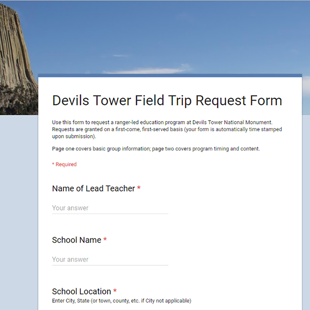 Image of a form used to request a park education program