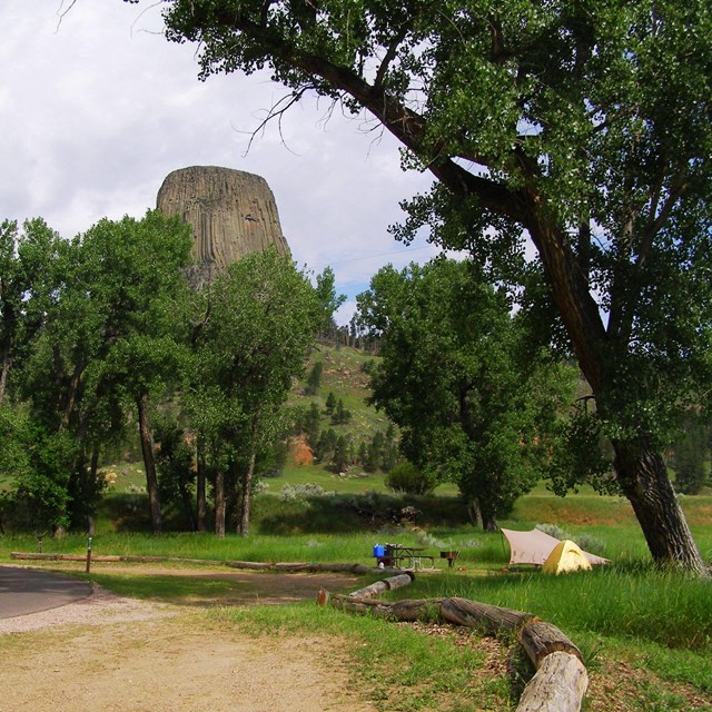 A campsite with a tent under Devils Tower