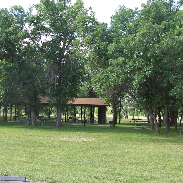 Picnic area at Devils Tower with benches and a canopy structure in the middle of a grassy area.