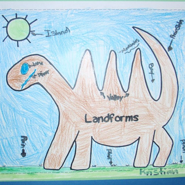 A student drawing of a dinosaur that teaches about landforms