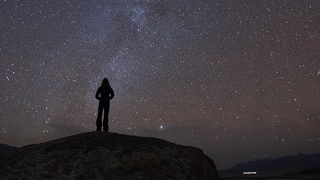A figure stands on a hill looking into a night sky filled with stars.