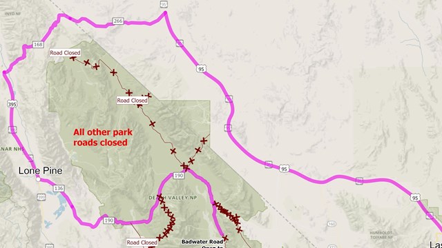 A map titled Route from Las Vegas, Death Valley NP Target partial reopening October 15.