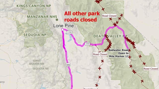 A map titled Route from Los Angeles, Death Valley NP Target partial reopening October 15. 