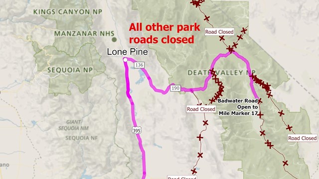 A map titled Route from Los Angeles, Death Valley NP Target partial reopening October 15.
