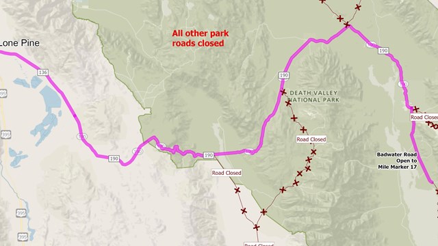 Map titled "Western Entrance to Death Valley NP, Target reopening October 15". 