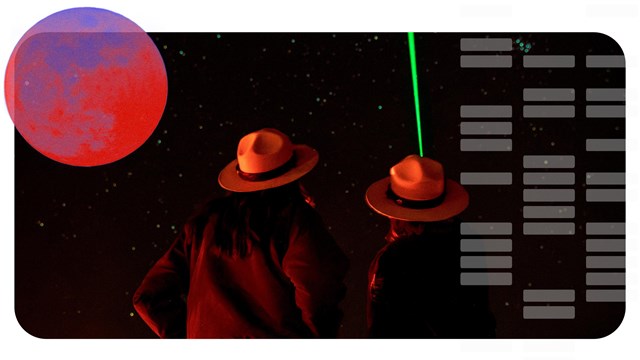 Two uniformed rangers use a green laser to point to the night sky.