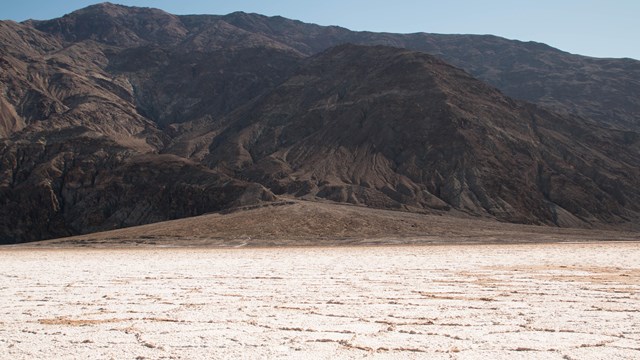 A vast salt flat of polygon shapes leads to an alluvial fan at the base of a desert mountain. 