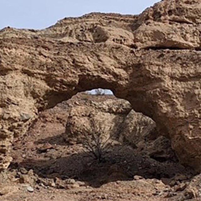 Light brown sedimentary rock forms a natural arch which frames a creosote bush. Text on the image.