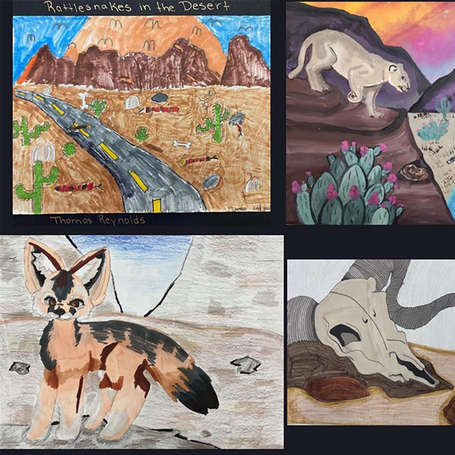 A collage of children's artwork based on Death Valley.