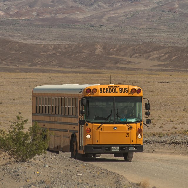 A bus drives on a road with a mountain range in the background.