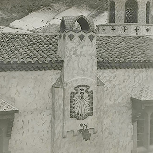 Photo of sundial in Scotty's Castle Main House and Annex Enclosed Patio. 