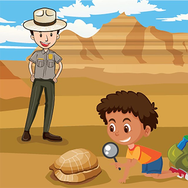 An illustration of two uniformed rangers overseeing junior ranger activity.