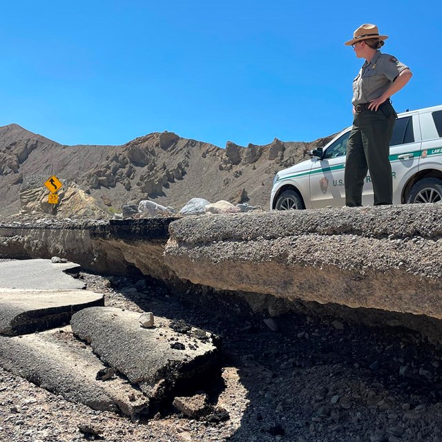 A park ranger stands near an overhang of undercut road pavement, looking at pieces of pavement.