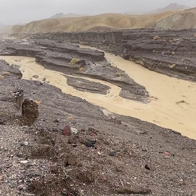Video pans through a rocky desert landscape near Zabriskie Point, where muddy floodwaters rush.