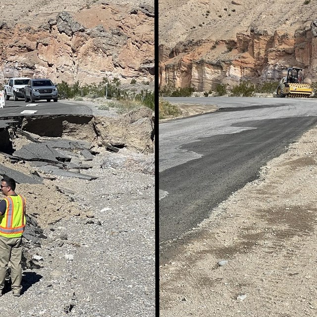 Split image showing a person in reflective vest standing below and to the side of a damaged pavement