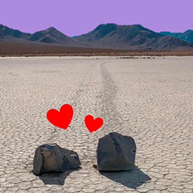 Two stones on the Racetrack Playa with trails in the dried dirt behind them with hearts.