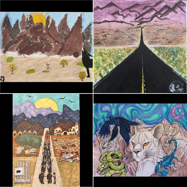 A collage of four artworks created by students. The first depicts a coyote howling in the foreground
