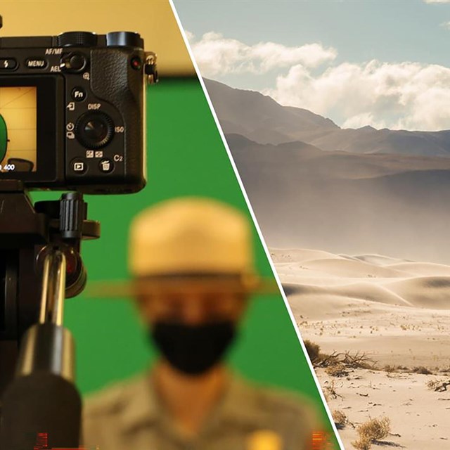 Ranger stands in front of a green screen while a camera records.