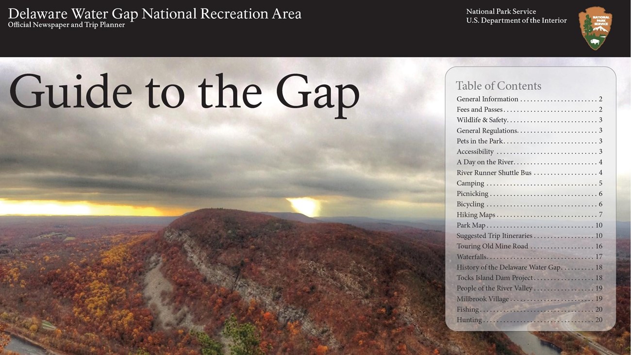 The cover of the Guide to the Gap. The water gap in fall with a table of contents on the right.