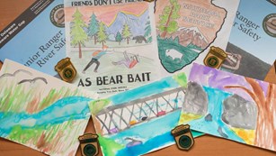 Watercolors of birds, a bridge, and a waterfall sit on Junior Ranger books