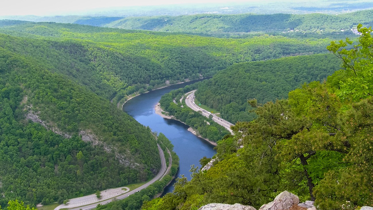 The Delaware River stretches for miles into the distance as seen from Mount Tammany