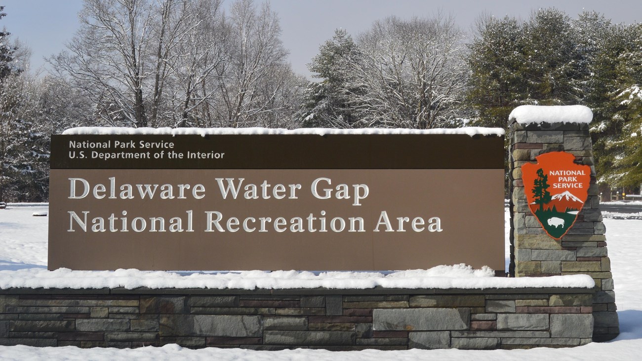 The Delaware Water Gap NRA entrance sign off Route 209 in Milford, PA