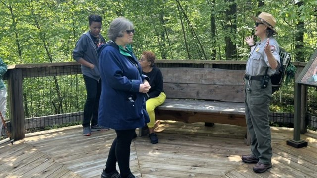 A ranger talking to a group of visitors on a viewing platform.