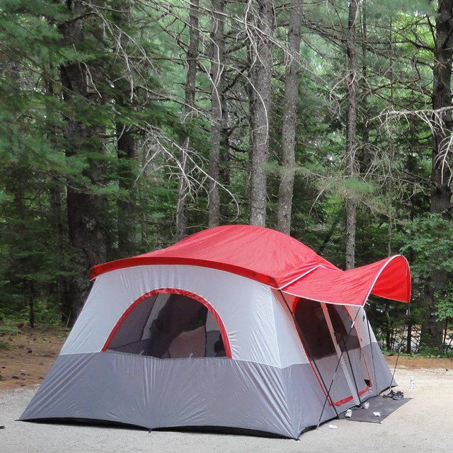 A campsite with a tent, table, chairs, and canopy set up in a circle of trees.