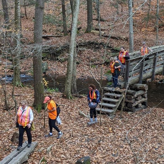 People hiking with high visibility vests on.